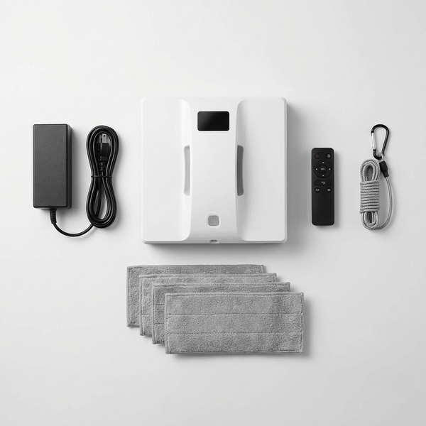 What's in the box: Cristall Clean Pro robot, adapter, 4 microfibre pads, remote and safety cord