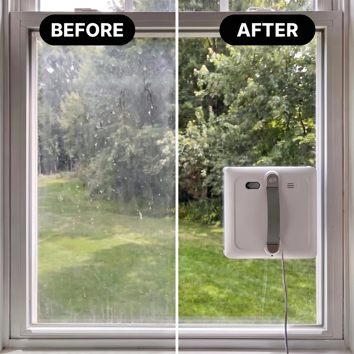 The same window pane, half cleaned by the robot and half still hazy