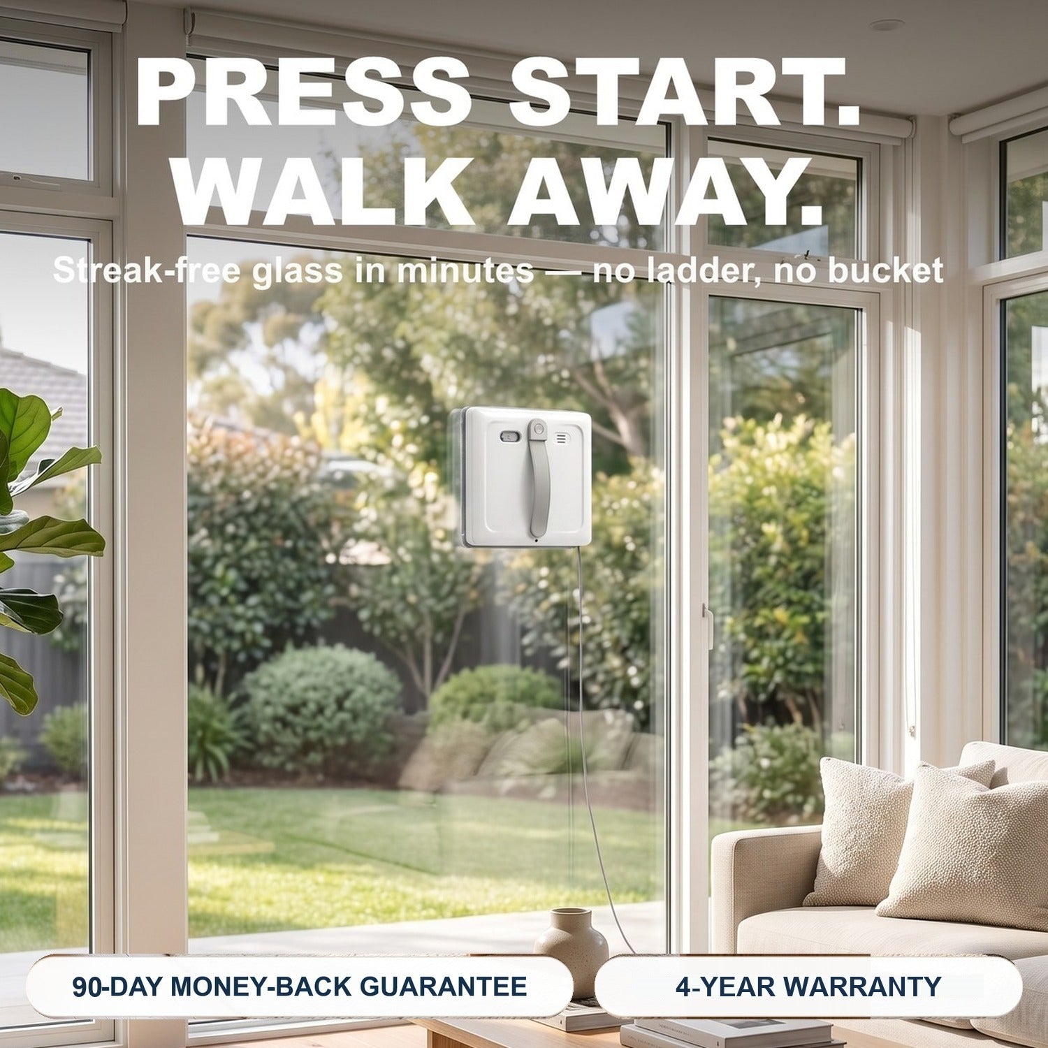 Window-cleaning robot working on a living-room window