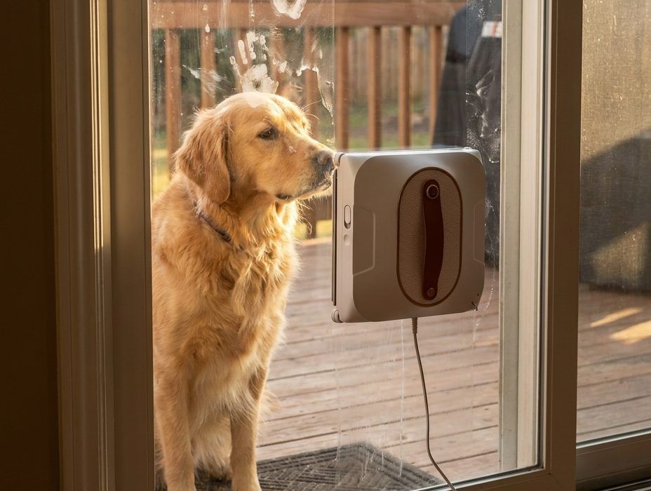 The robot cleaning handprints off a patio door while the family dog watches through the glass