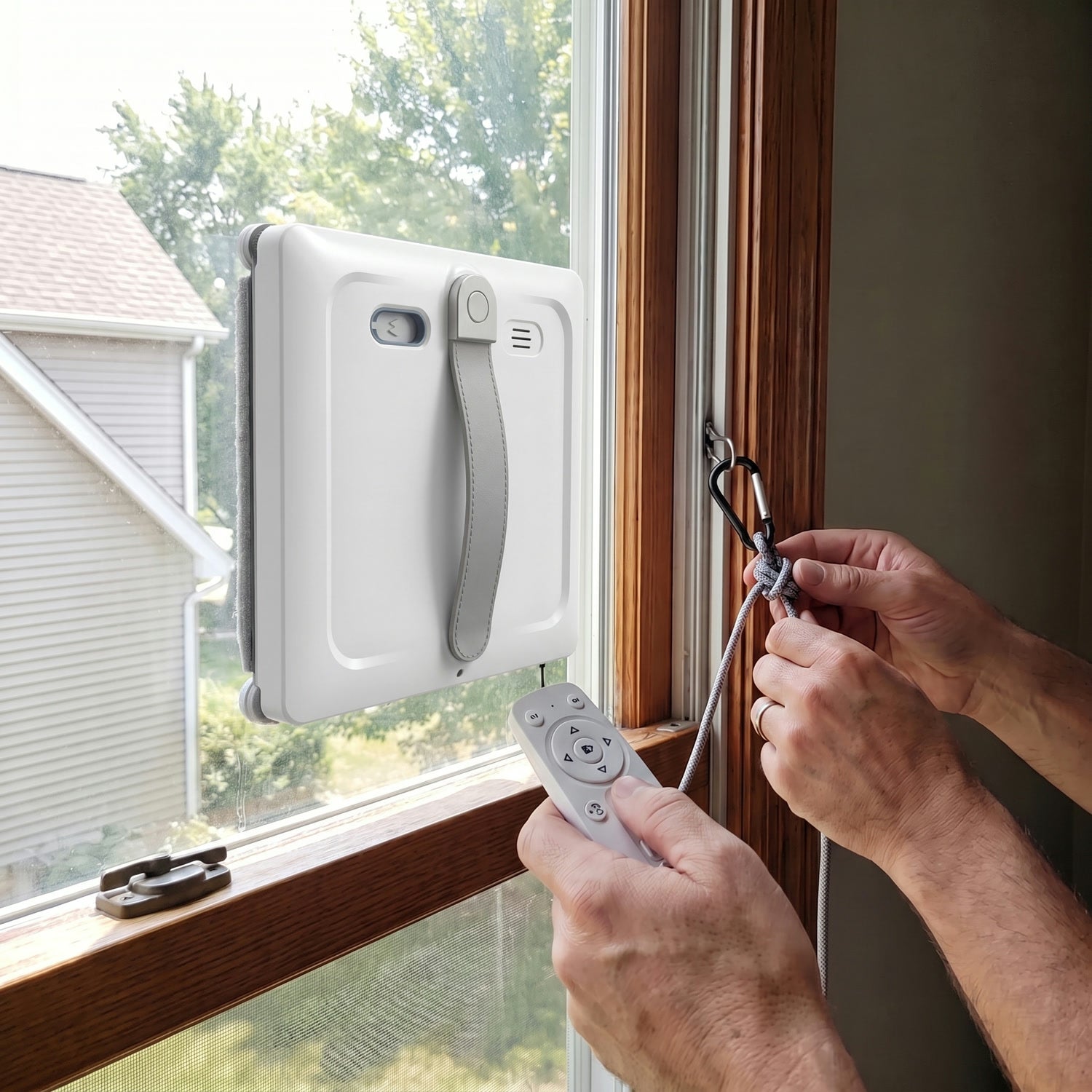 Securing the safety cord before the robot cleans an upstairs window