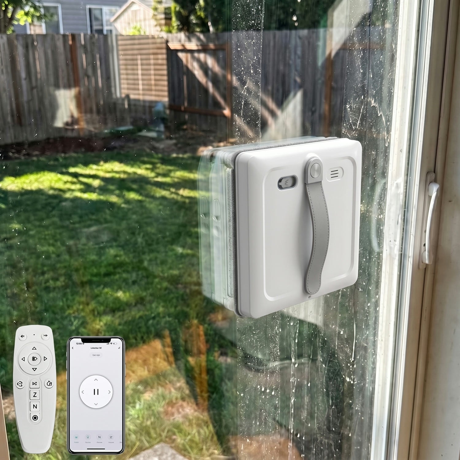 A patio door half-cleaned by the robot — clear glass on one side, dust on the other