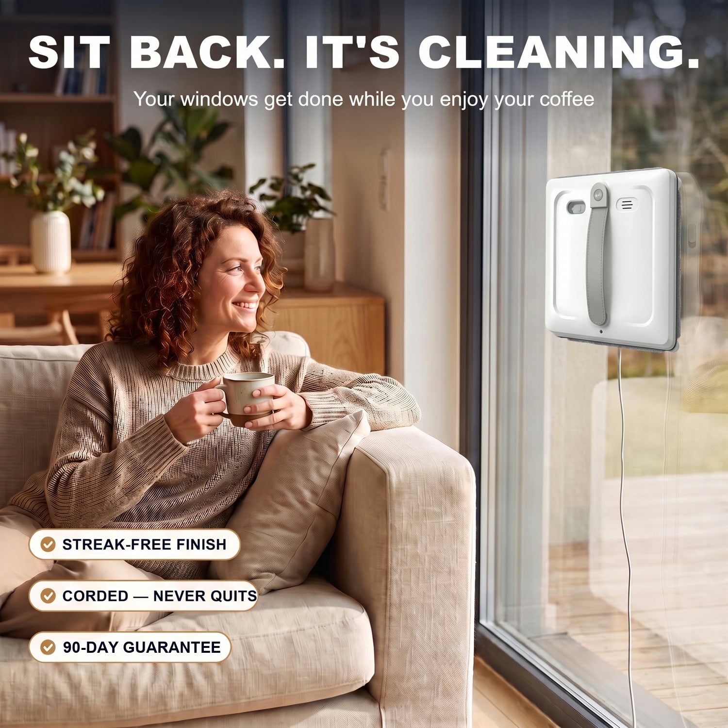 Watching the robot clean the window from the couch, coffee in hand